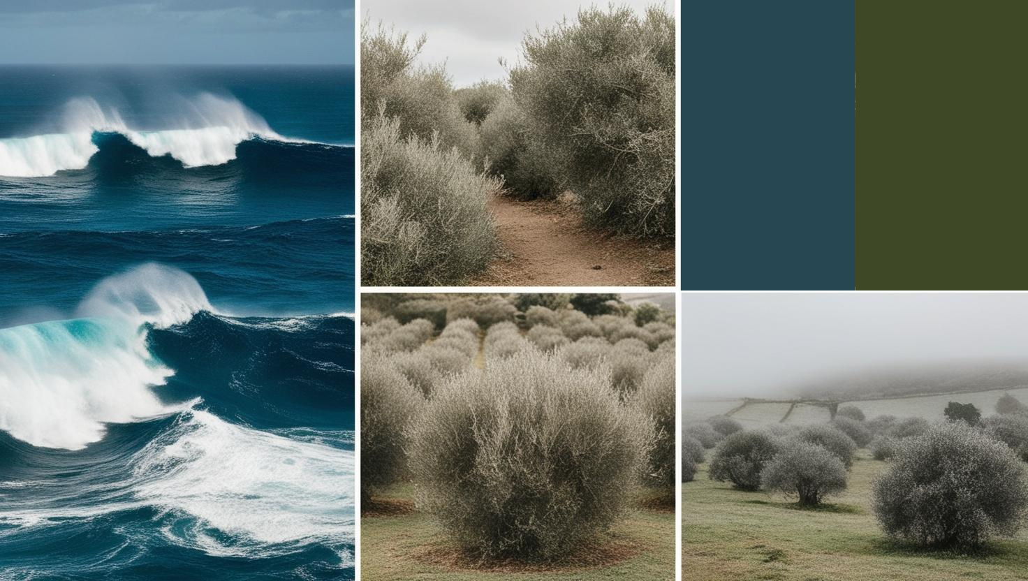 Moodboard featuring deep blue ocean waves (Azorean Tide), lush olive trees (Dark Olive), and a misty British landscape (English Mist), reflecting P’tit Affair’s timeless colour palette.