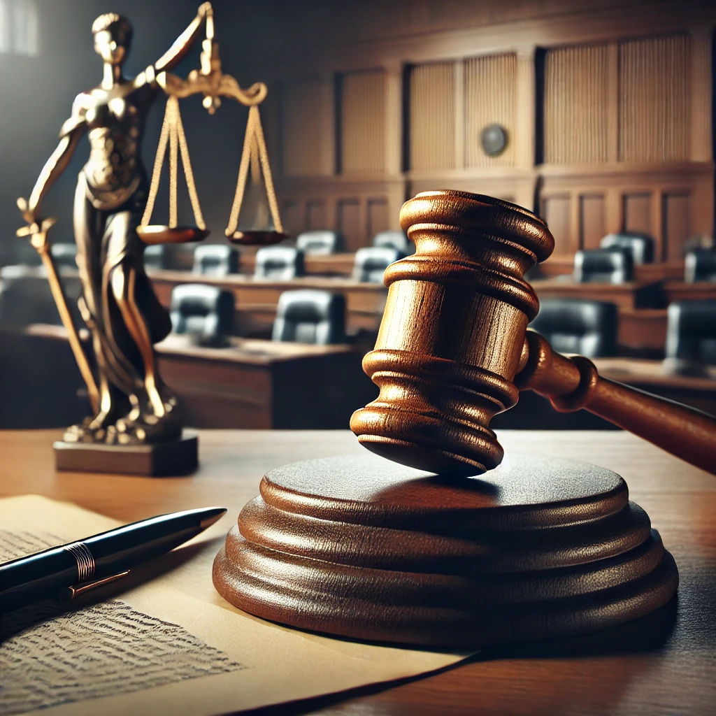 Symbolic representation of a trial setting with scales of justice and a gavel, emphasising accountability and fairness in the context of ethical fashion and labour practices.