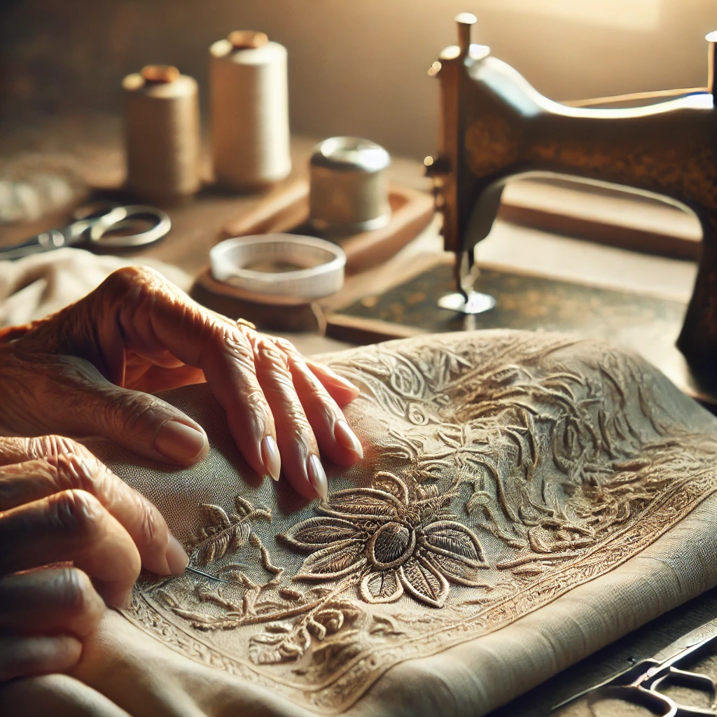 Artisan carefully working on high-quality fabrics, symbolising P’tit Affair’s commitment to craftsmanship, timeless design, and affordable luxury.