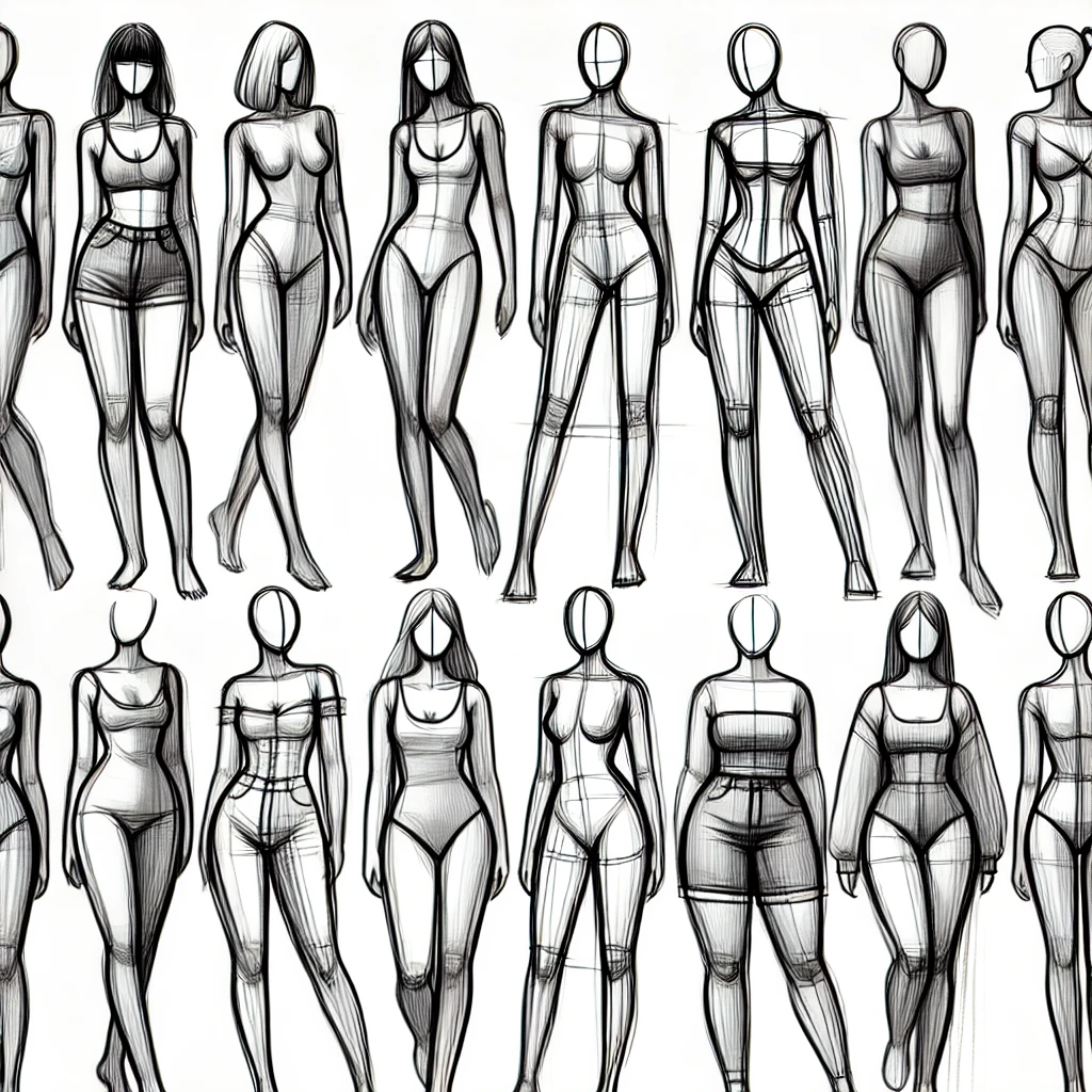 Minimalist sketch of diverse petite body types, including curvy, athletic, pear-shaped, hourglass, and rectangular figures.