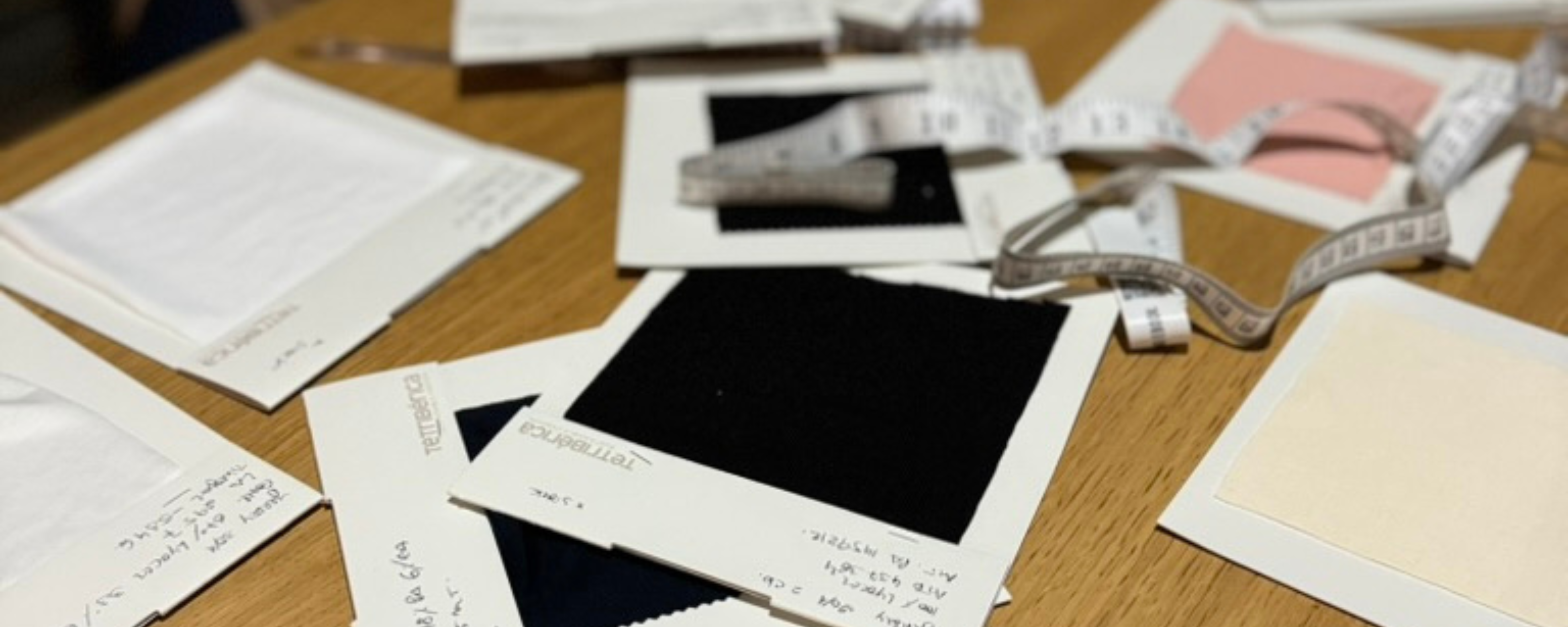 Fabric swatches and a measuring tape on a wooden table, showing material samples for P’tit Affair’s sustainable petite fashion designs