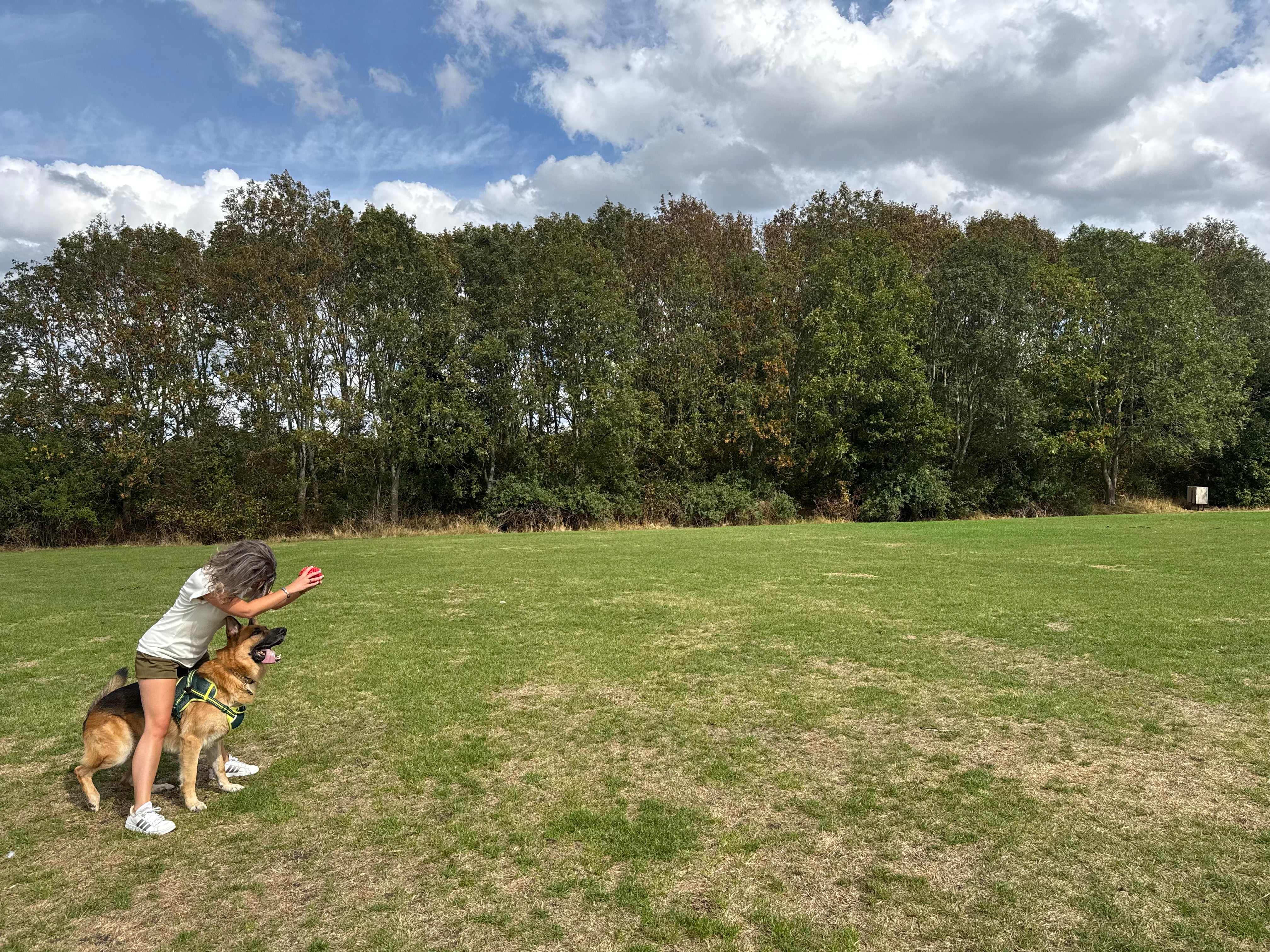 Founder Susana Dias wearing P’tit Affair’s Millie T-shirt and Mariana Tailored Shorts while playing with her German Shepherd, symbolising timeless and affordable luxury fashion for petite women.